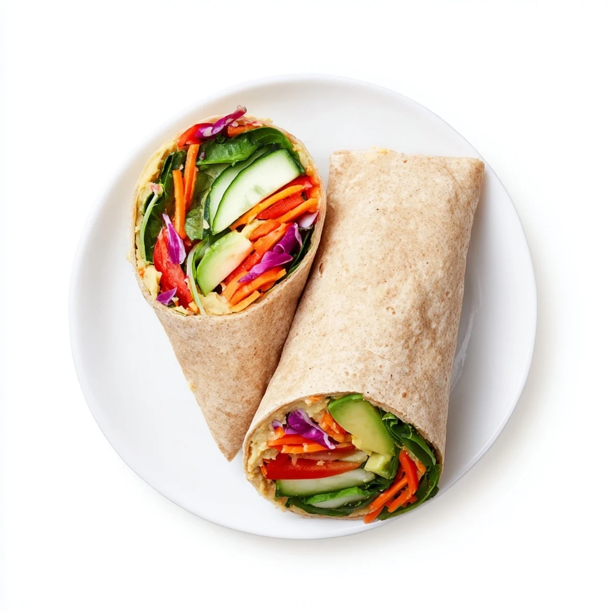 Colorful veggie wrap with hummus recipe showcasing fresh spinach, peppers, and cucumber rolled in whole wheat tortilla
