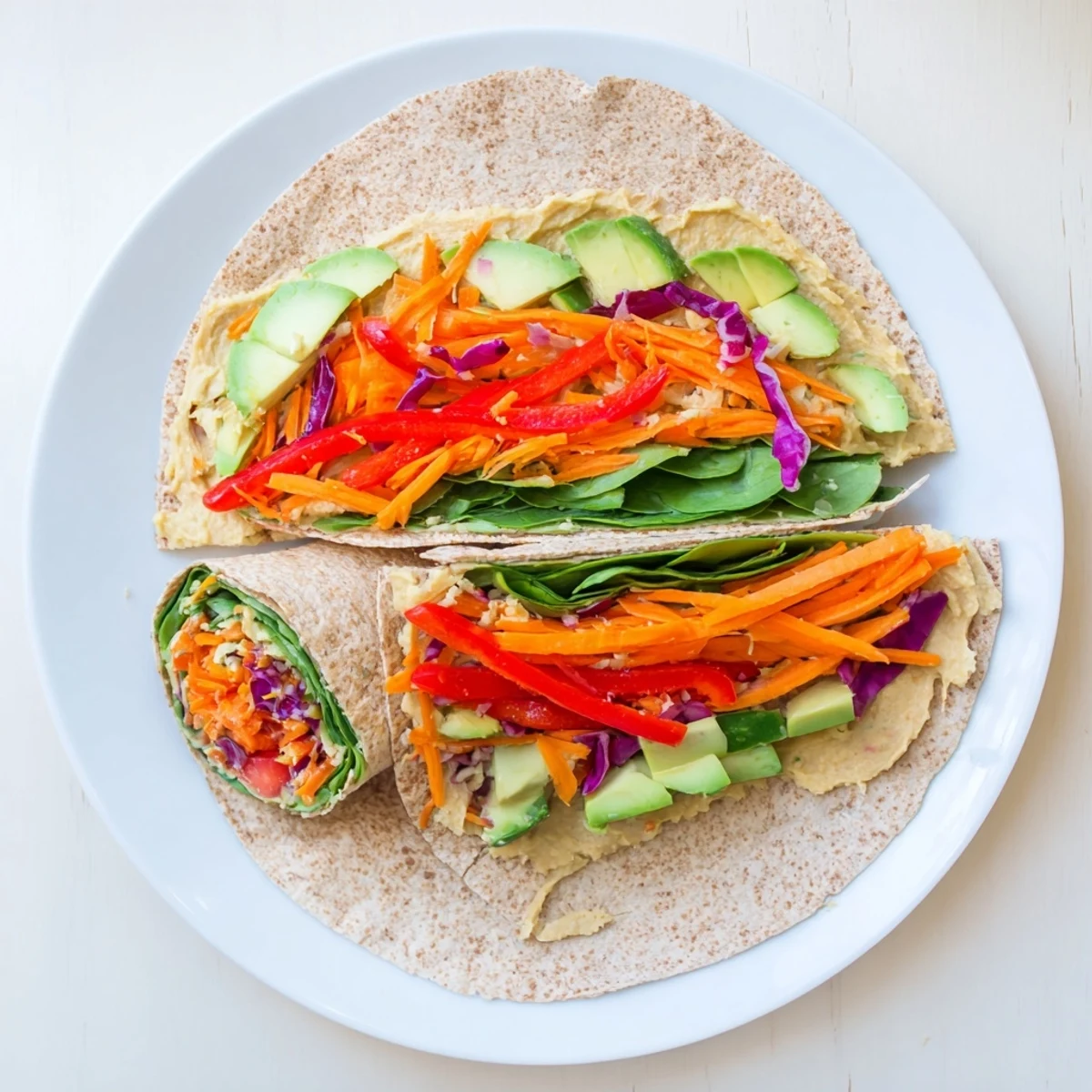 Mediterranean veggie wrap with hummus recipe diagonally sliced to reveal vibrant layers of shredded carrots and crisp vegetables