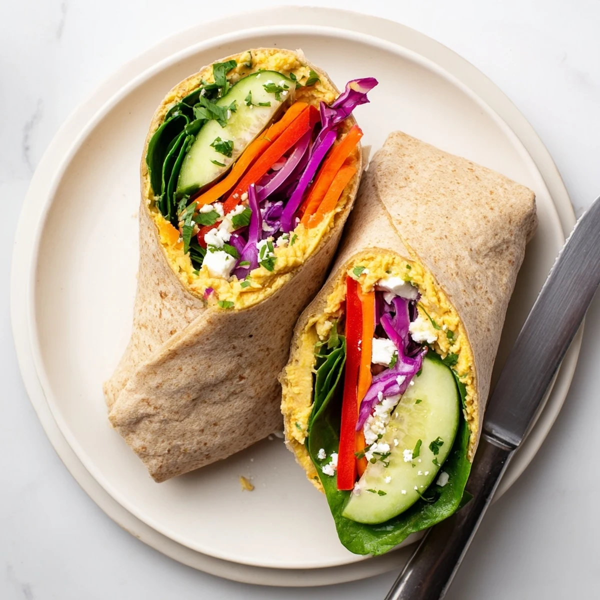 Golden hummus veggie wrap sliced diagonally revealing layers of crisp red peppers cucumber spinach and purple cabbage