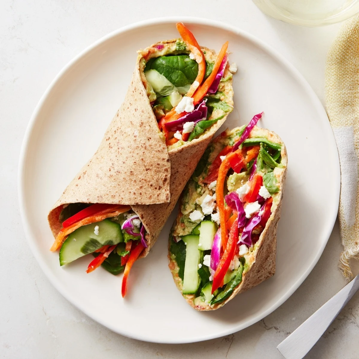 Whole wheat tortilla rolled tightly with creamy hummus and fresh julienned vegetables for a healthy Mediterranean lunch