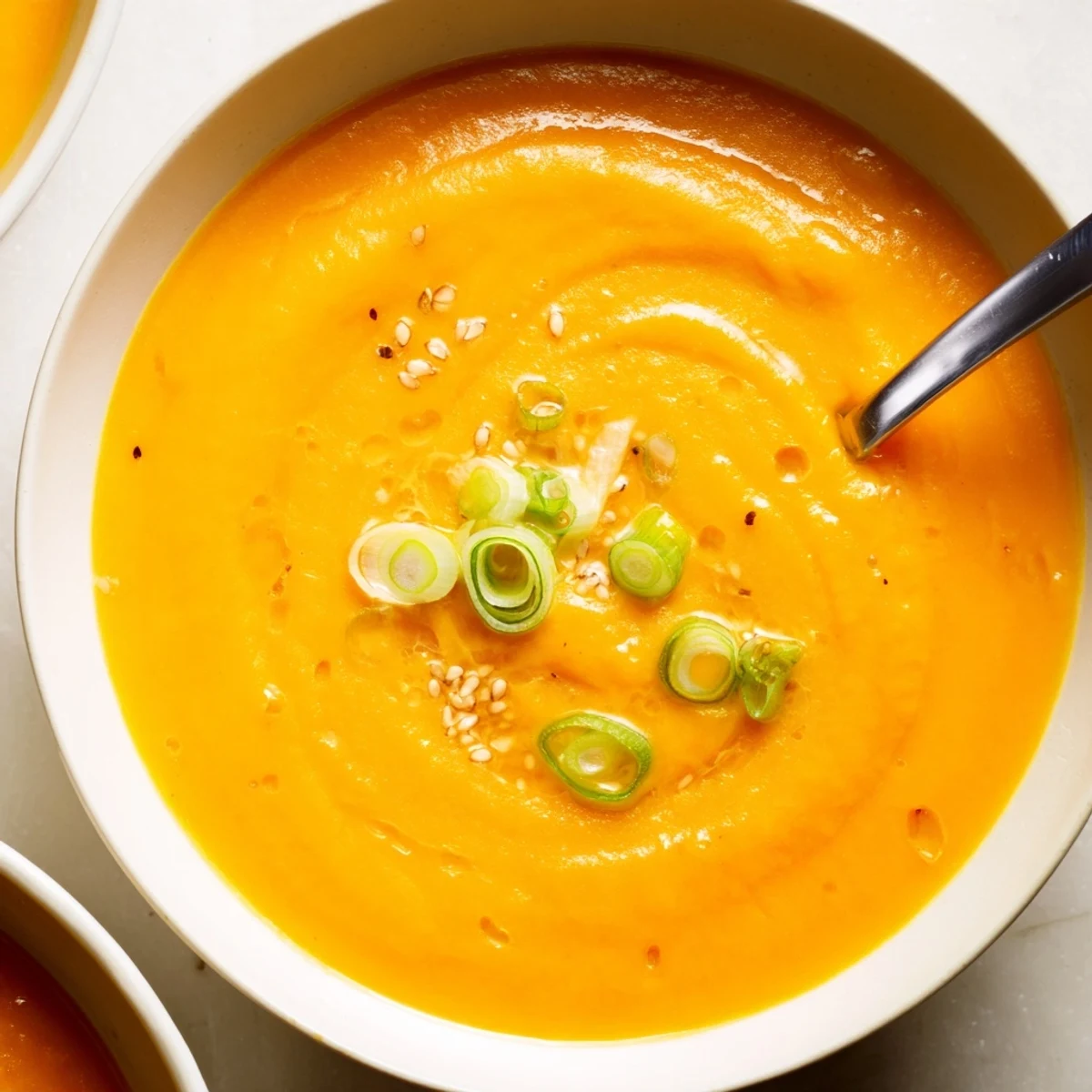 Carrot Ginger Miso Soup Recipe steaming in bowl, silky orange puree, scallions.
