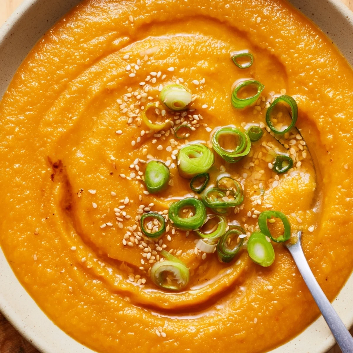 Warm Carrot Ginger Miso Soup Recipe garnished with sesame seeds, fragrant ginger.