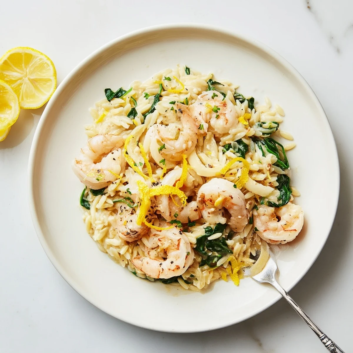 Weeknight Creamy Shrimp Orzo Recipe served hot, buttery sauce and lemon