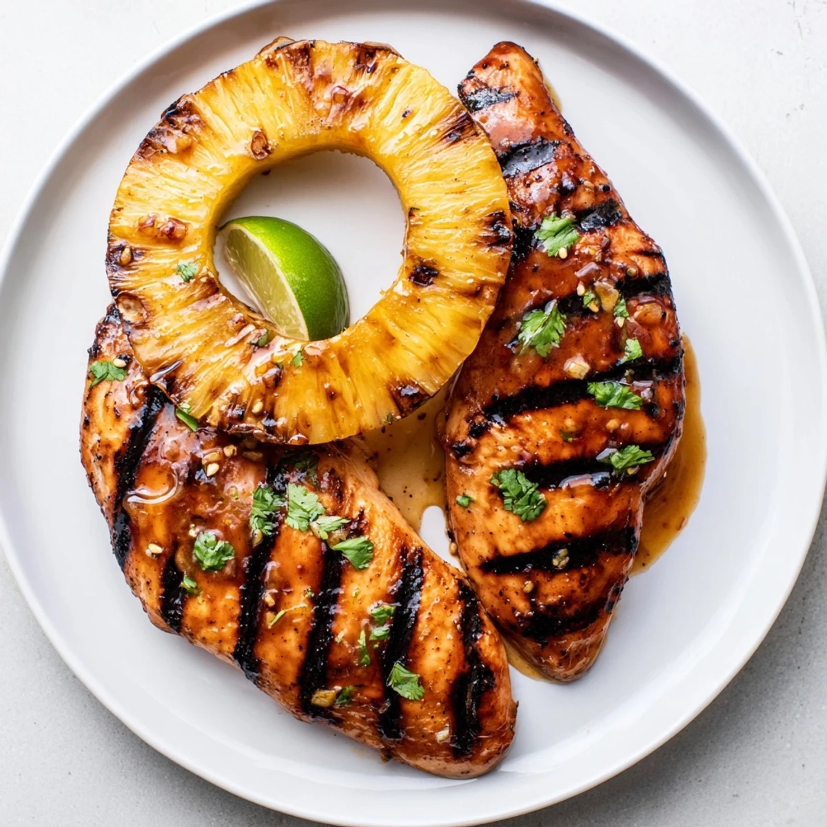 Grilled Aloha Chicken Recipe served with caramelized pineapple, fragrant cilantro, and lime