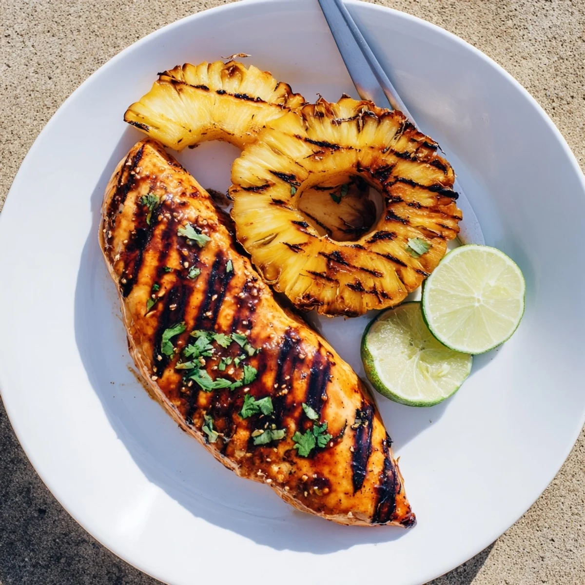 Smoky grilled slices of Grilled Aloha Chicken Recipe atop steaming coconut rice