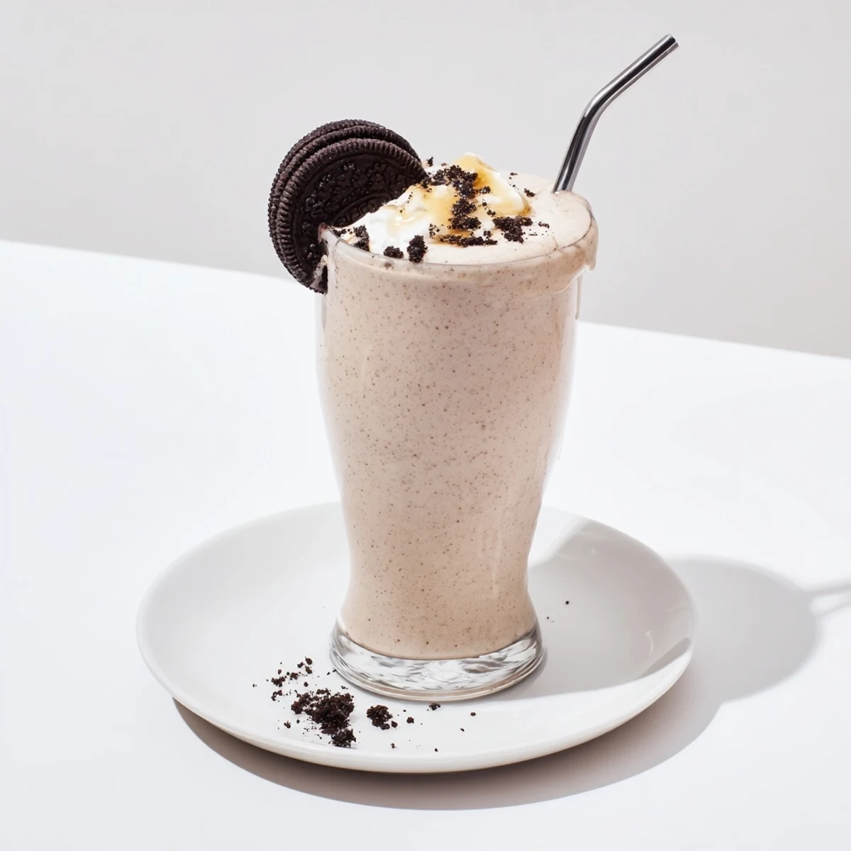 Thick Cookies And Cream Protein Shake topped with crushed cookies and whipped cream