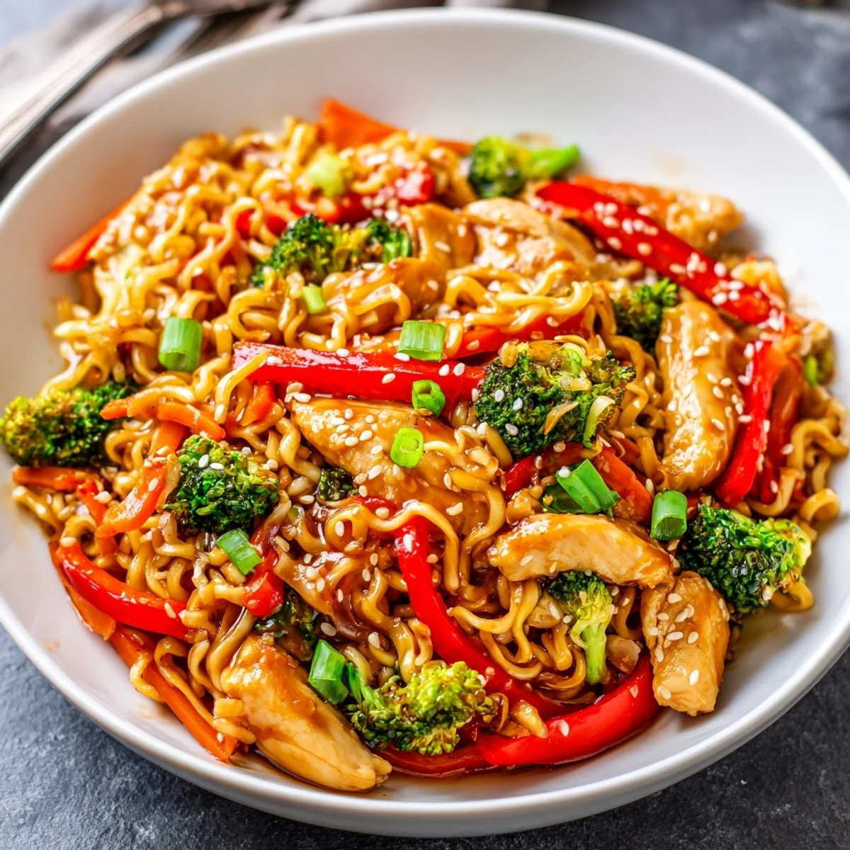 Steamy Chicken Ramen Stir Fry with tender slices, crisp veggies, toasted sesame.