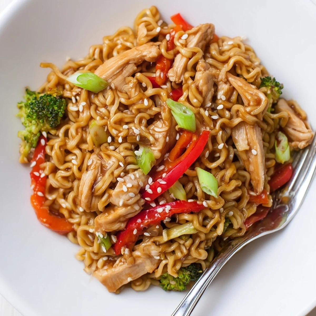Weeknight Chicken Ramen Stir Fry tossed in savory sauce, bright bell pepper.