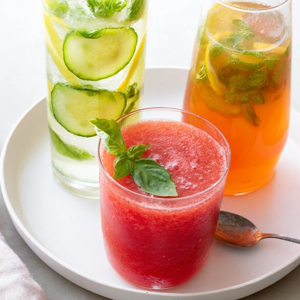 Chilled Summer Detox Drinks in a pitcher with cucumber, lemon, mint.