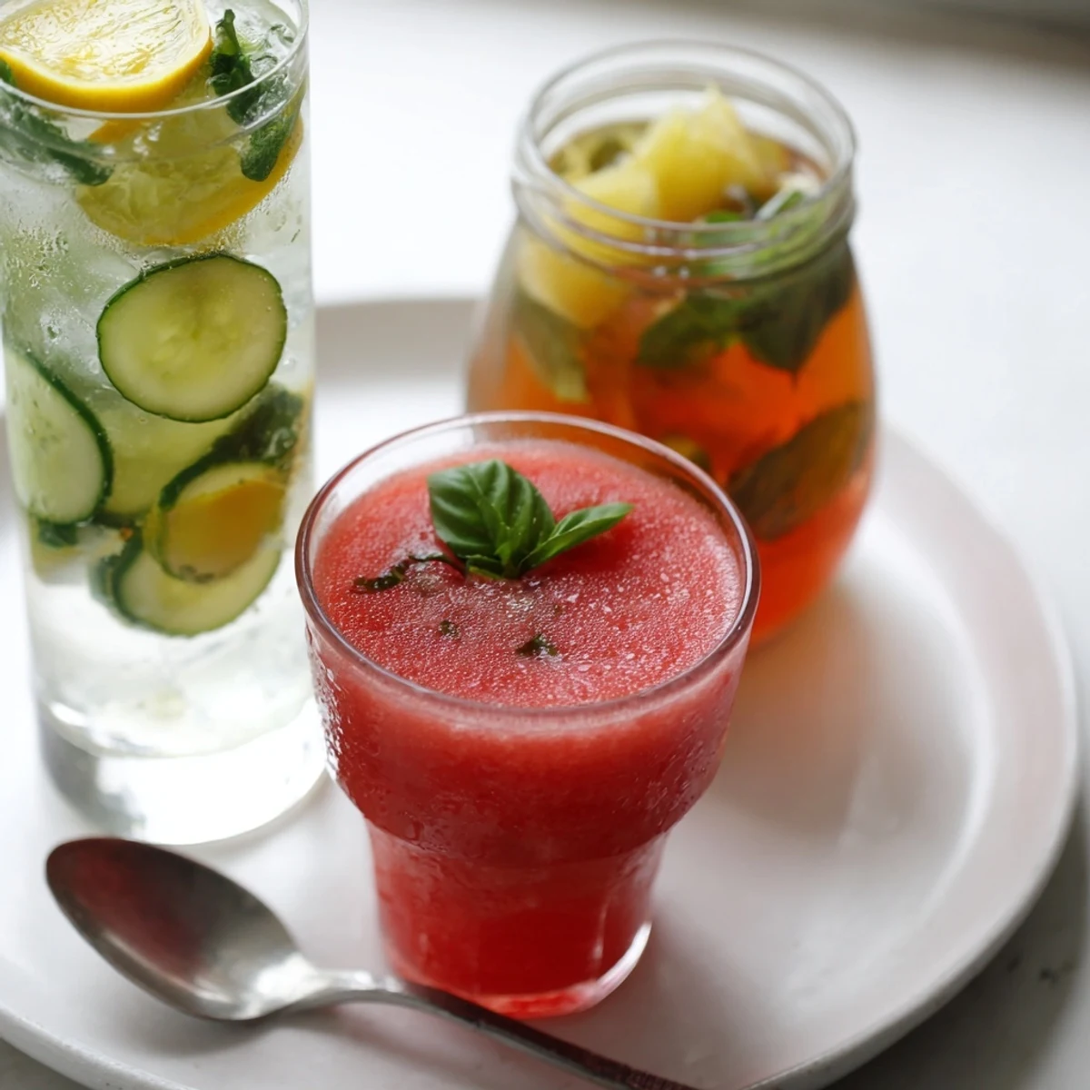 Bright watermelon Summer Detox Drinks garnished with basil, served over ice.