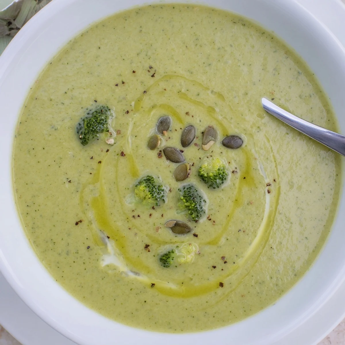 Bright green Broccoli Soup pureed smooth, topped with cream swirl and black pepper