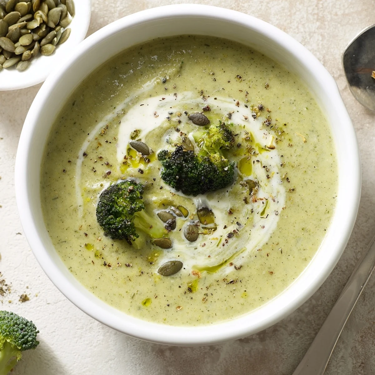 Homestyle Broccoli Soup garnished with tender florets, piping hot and comforting