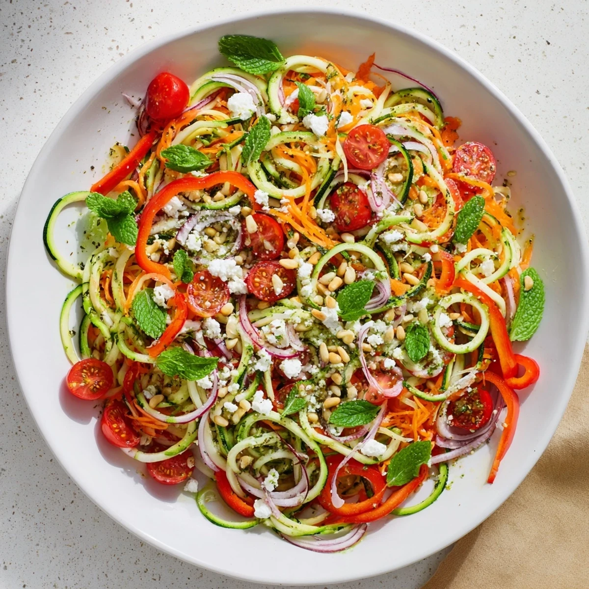 Golden spiralized zucchini noodles tossed with colorful vegetables and bright citrus dressing in a white bowl