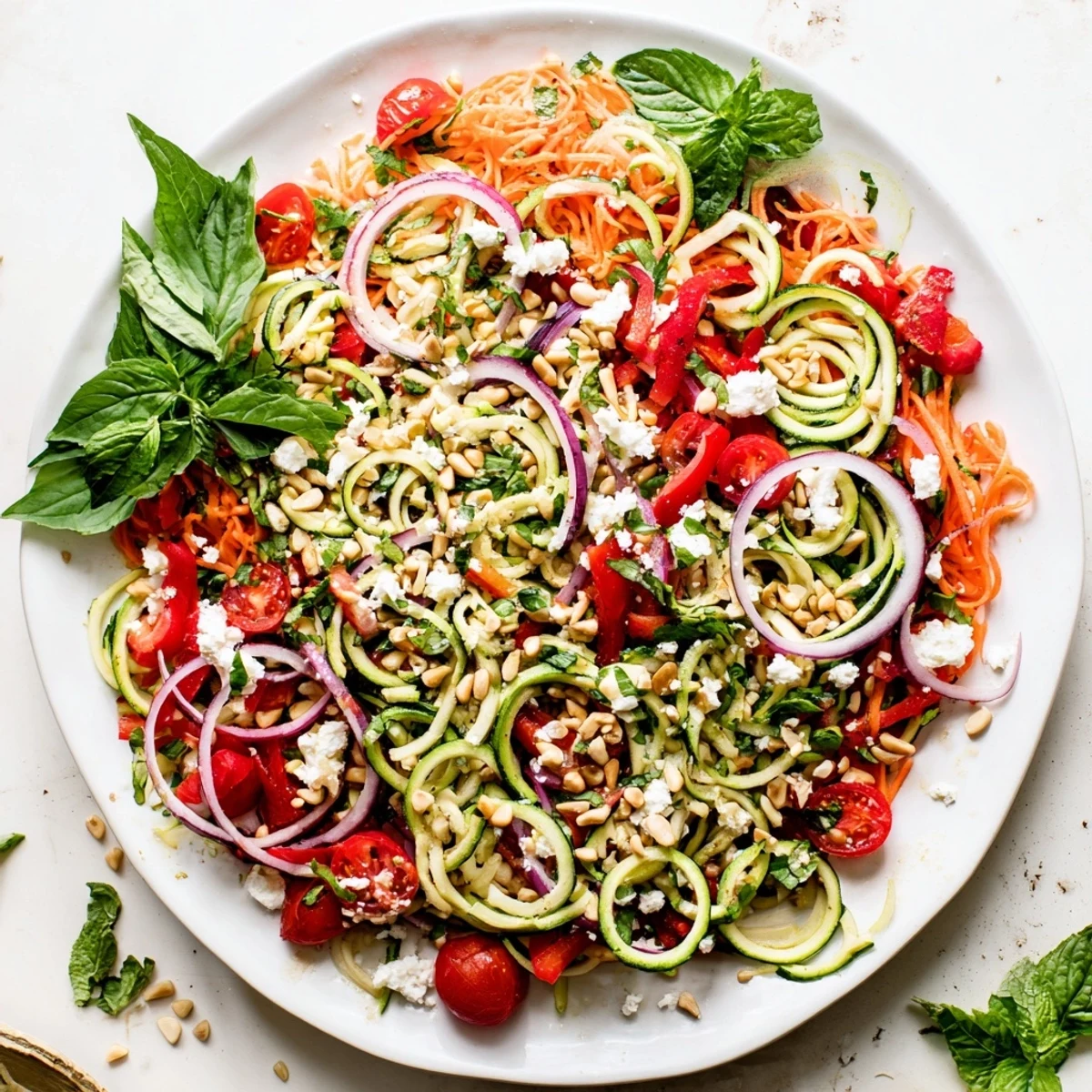 Light and healthy zucchini noodle salad with cherry tomatoes, bell peppers, and fresh herbs for summer lunches