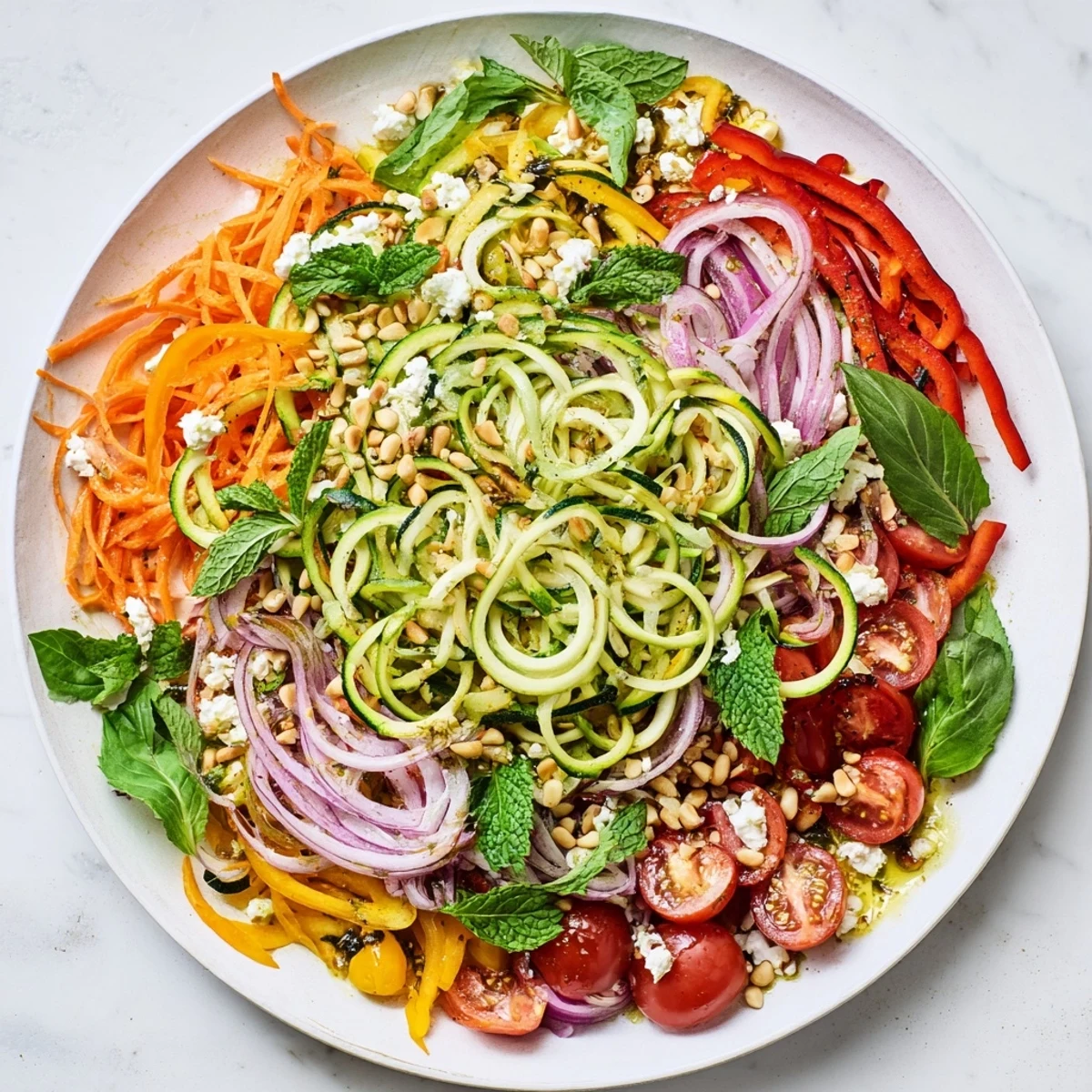 Crisp raw zucchini noodles with shredded carrots, red onion, and optional feta cheese on a rustic table