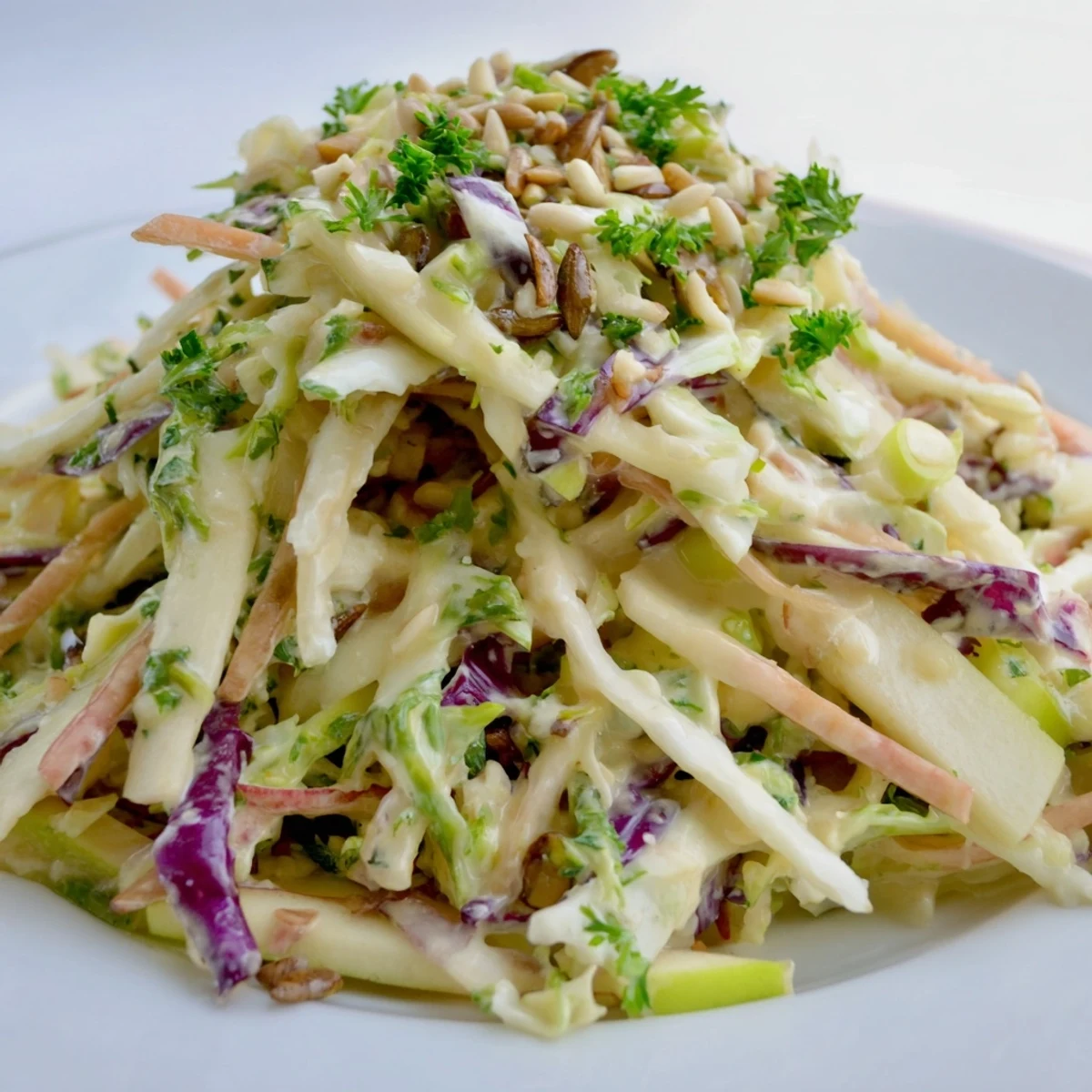 Colorful bowl of apple coleslaw featuring crisp julienned apples and shredded carrot medley