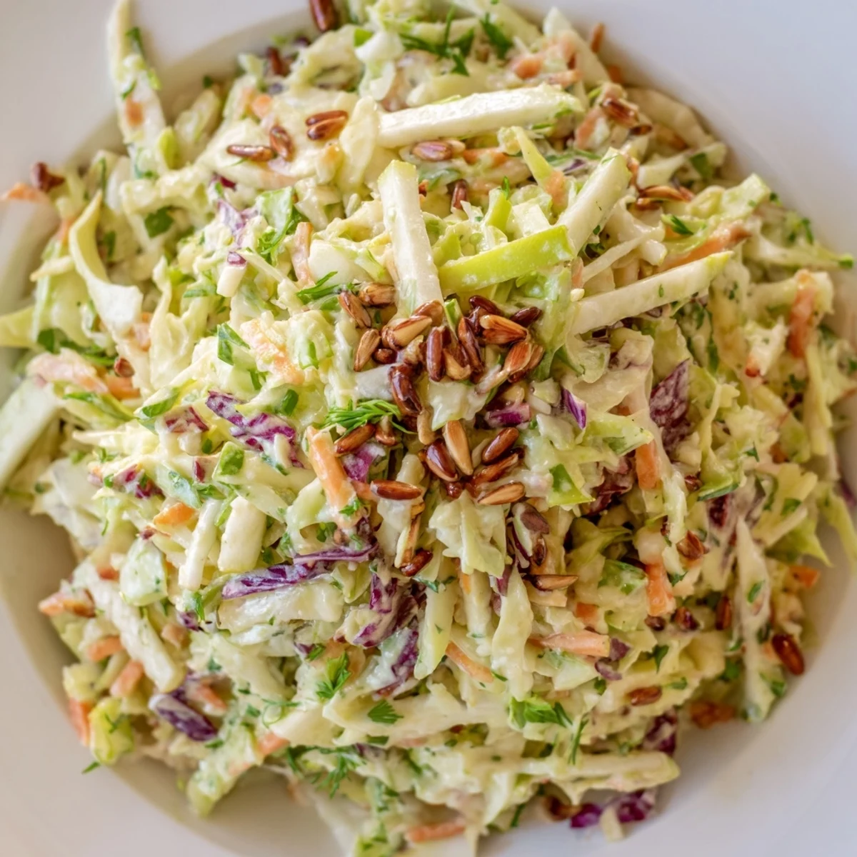 Fresh apple coleslaw with crunchy green and red cabbage in a creamy tangy dressing
