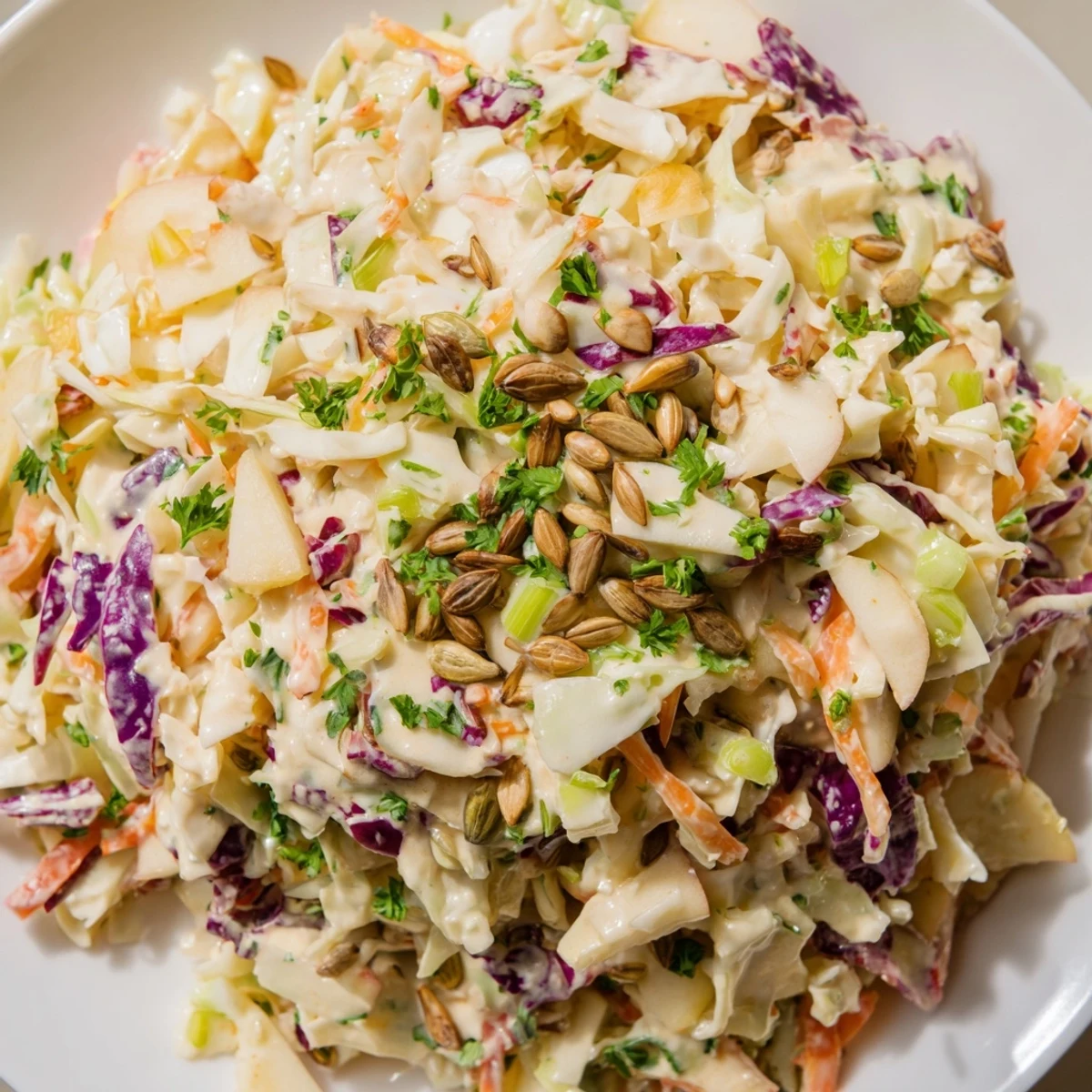 Creamy apple coleslaw served chilled with vibrant cabbage and sweet honey mustard dressing
