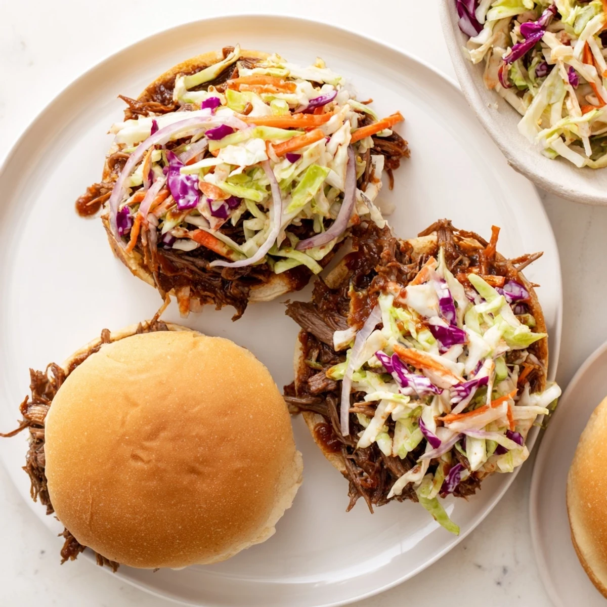 Hearty smoky BBQ beef sandwich overflowing with fresh crunchy coleslaw and tender shredded meat