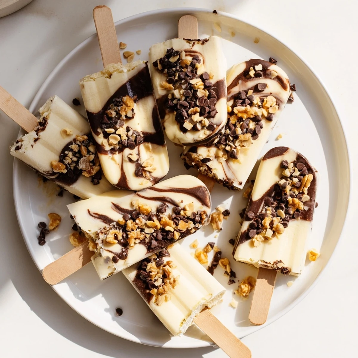 Creamy chocolate banana bliss popsicles swirled with rich dark chocolate and topped with chocolate chips