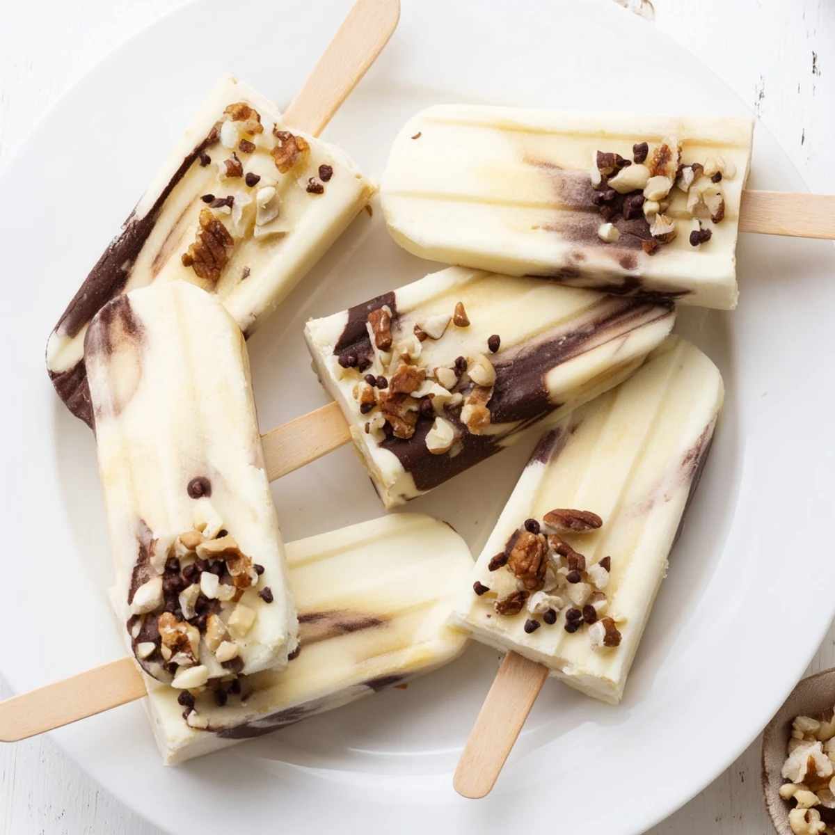 Decadent chocolate banana bliss popsicles with smooth Greek yogurt base and melted chocolate drizzle swirl