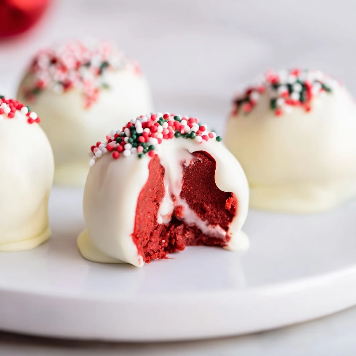 Bite-sized red velvet cheesecake balls coated in smooth white chocolate with colorful sprinkles