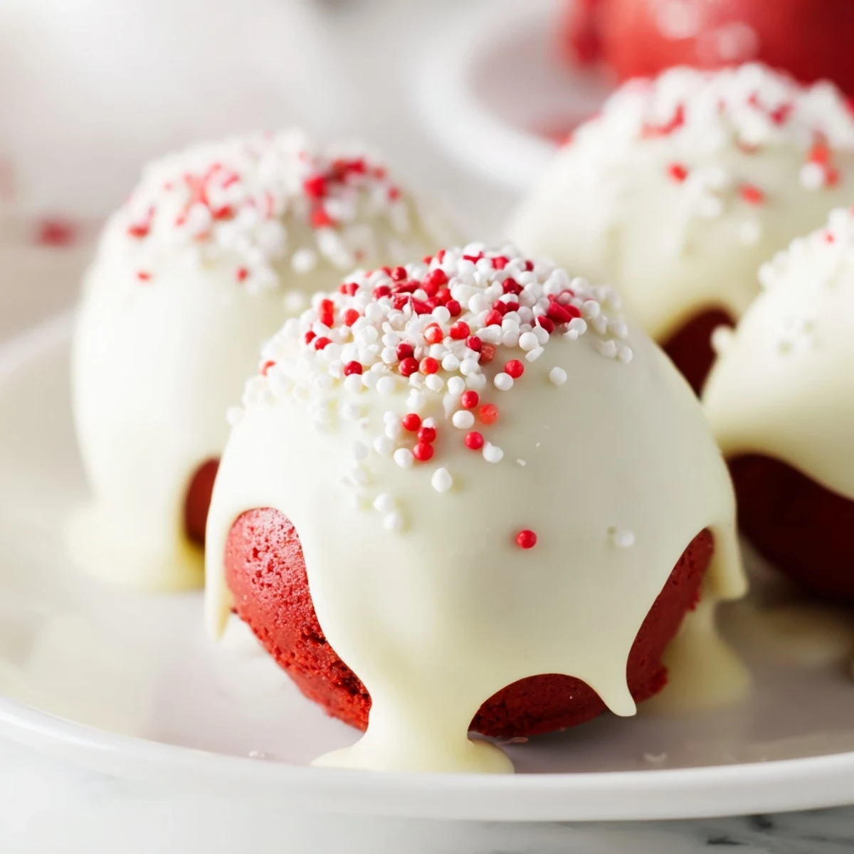 Homemade red velvet cheesecake balls drizzled with red chocolate and topped with festive sprinkles