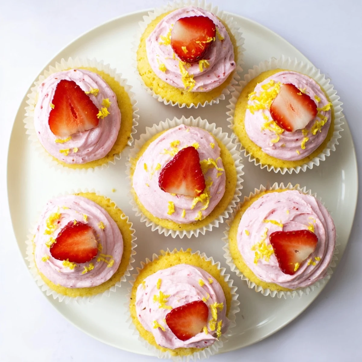 Golden strawberry lemonade cupcakes topped with swirls of pink strawberry frosting and fresh strawberry halves