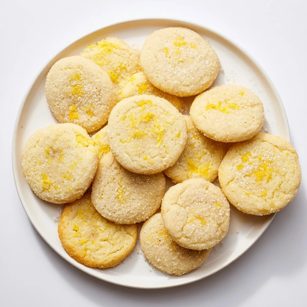 Golden soft chewy lemon cookies dusted with sugar on a white cooling rack