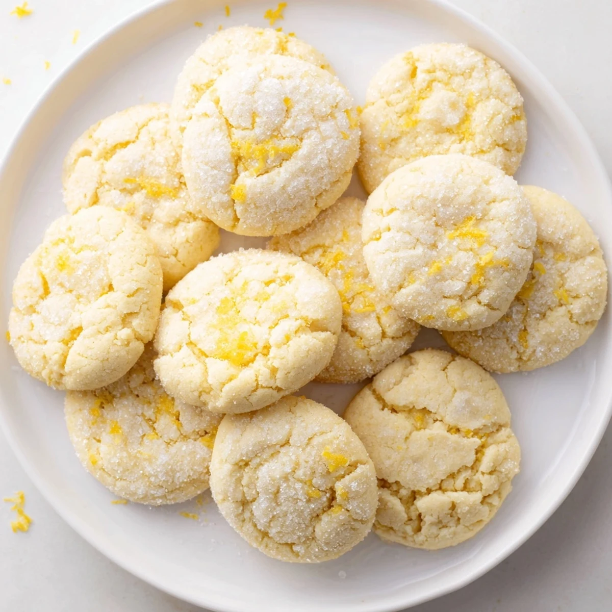 Closeup of soft chewy lemon cookies showing cracked edges and tender centers