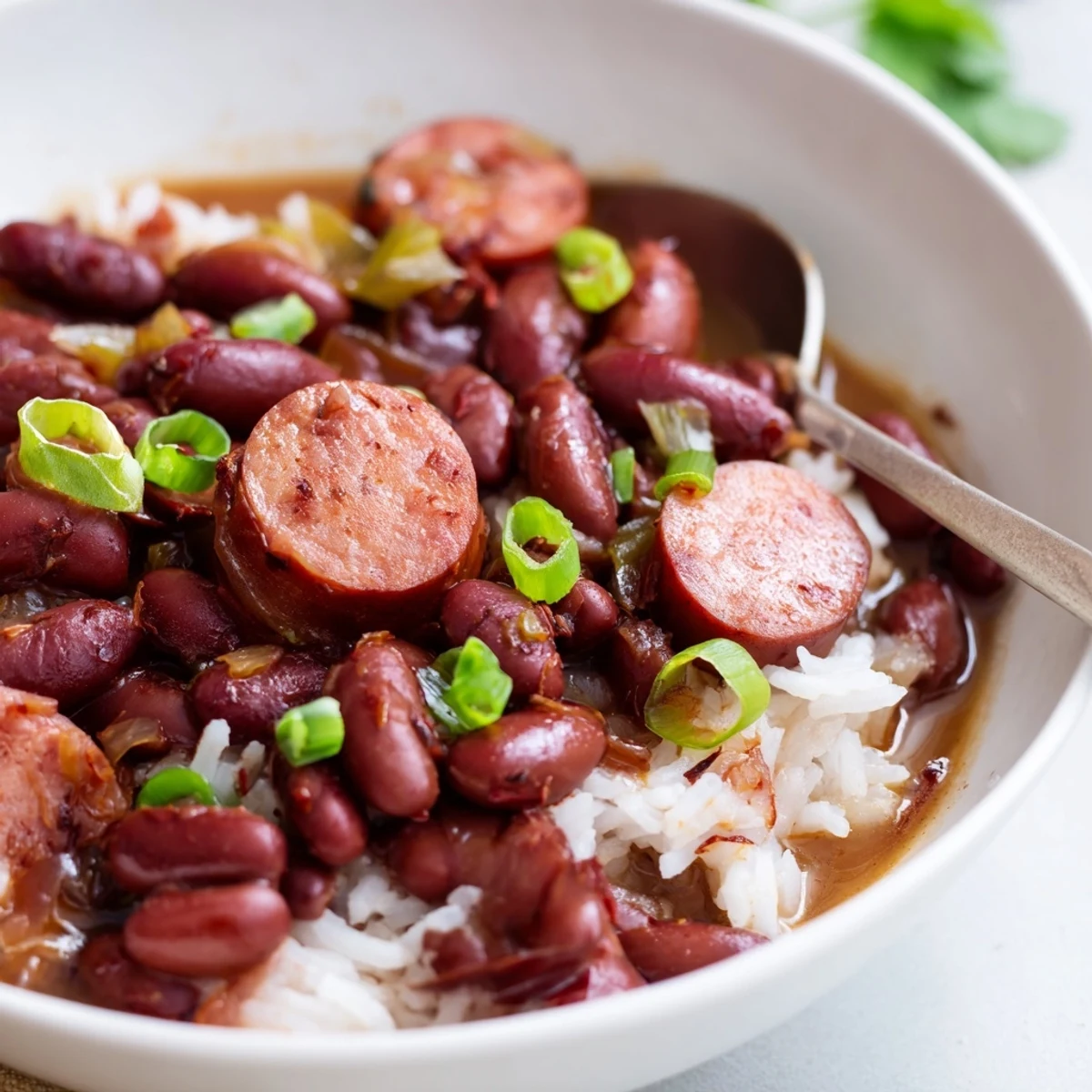 Steaming bowl of Red Beans and Rice with smoky sausage and parsley  