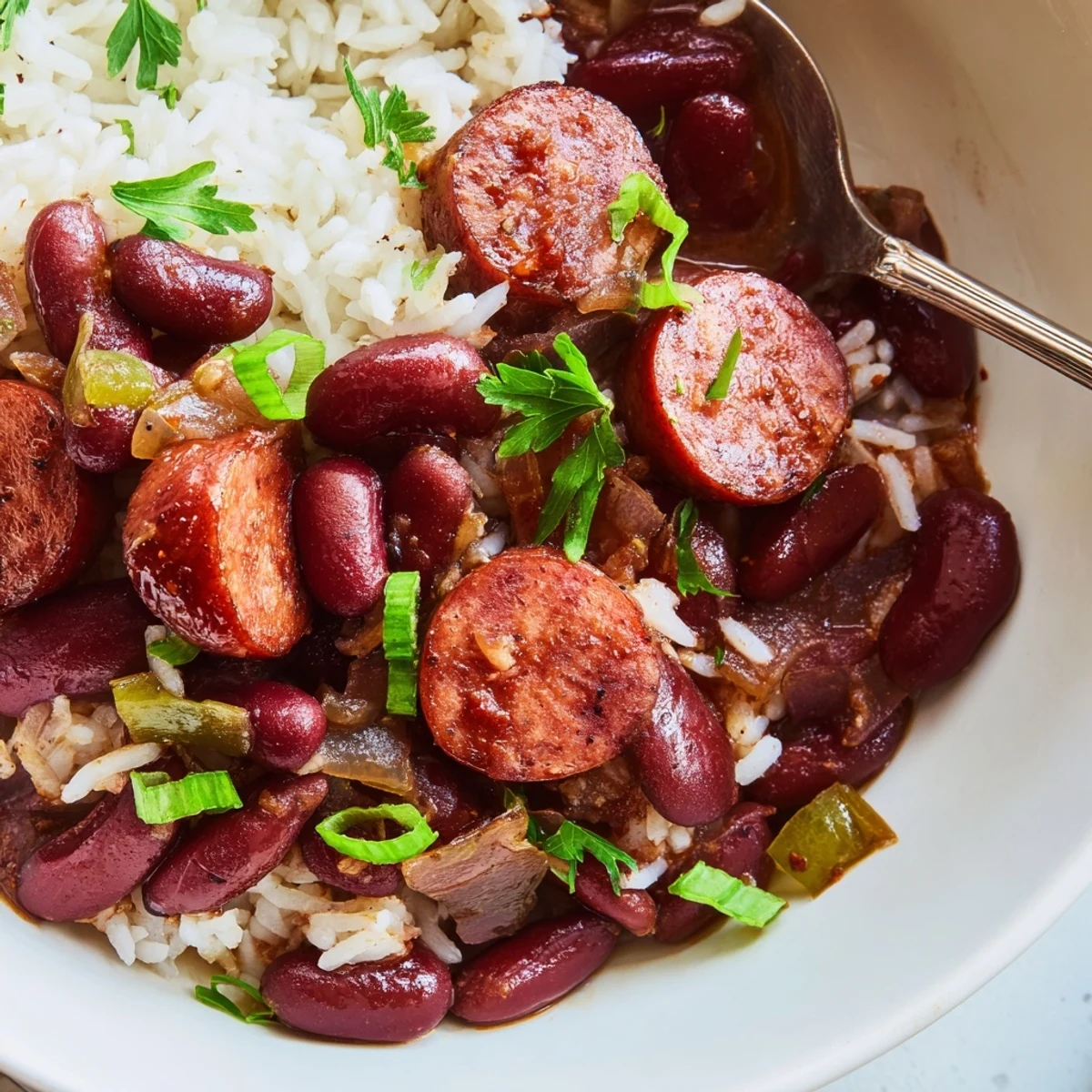 Creamy Red Beans and Rice simmered in broth, aromatic Cajun spices