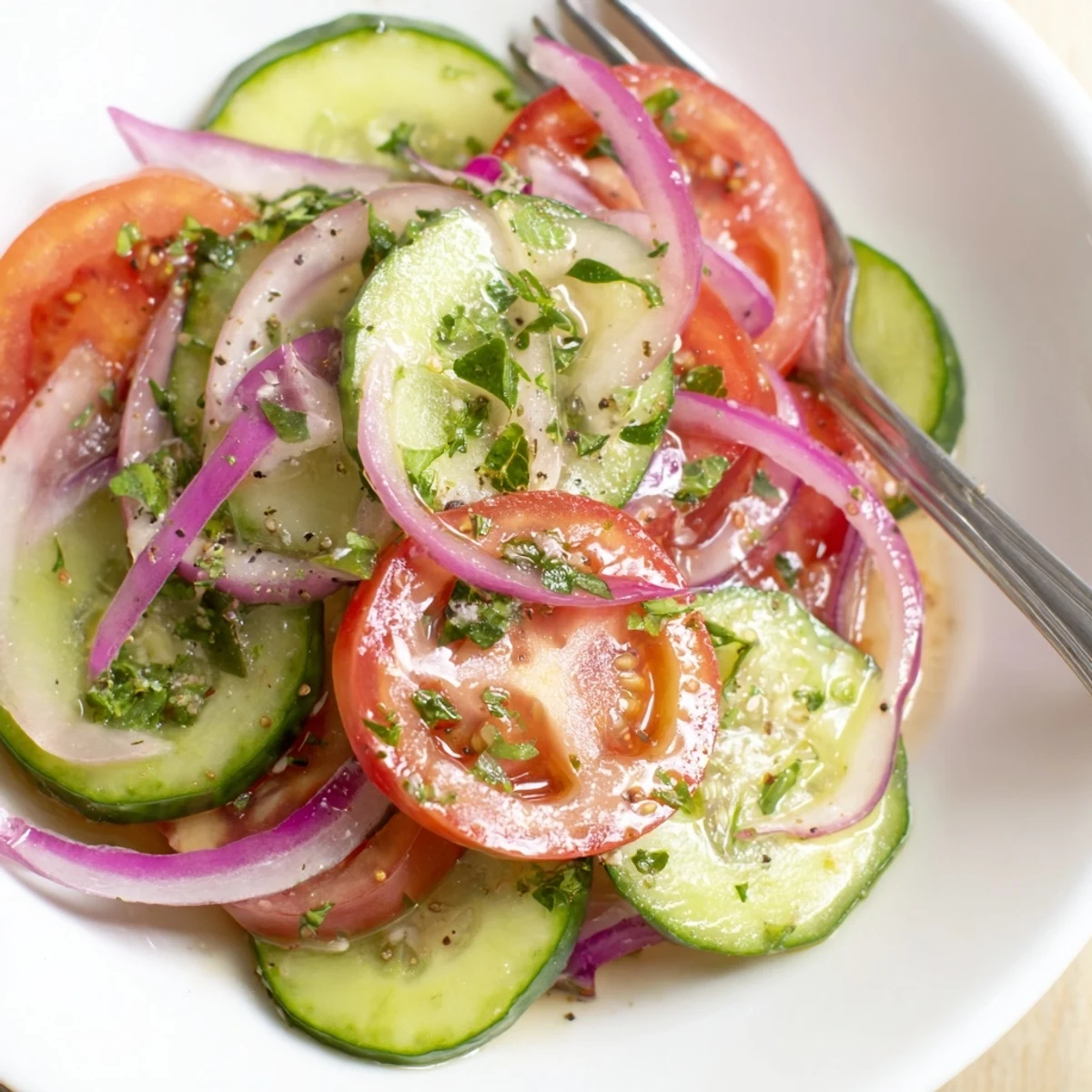 Bright Cucumber Tomato Salad tossed with red onion, parsley, and lemony olive oil  