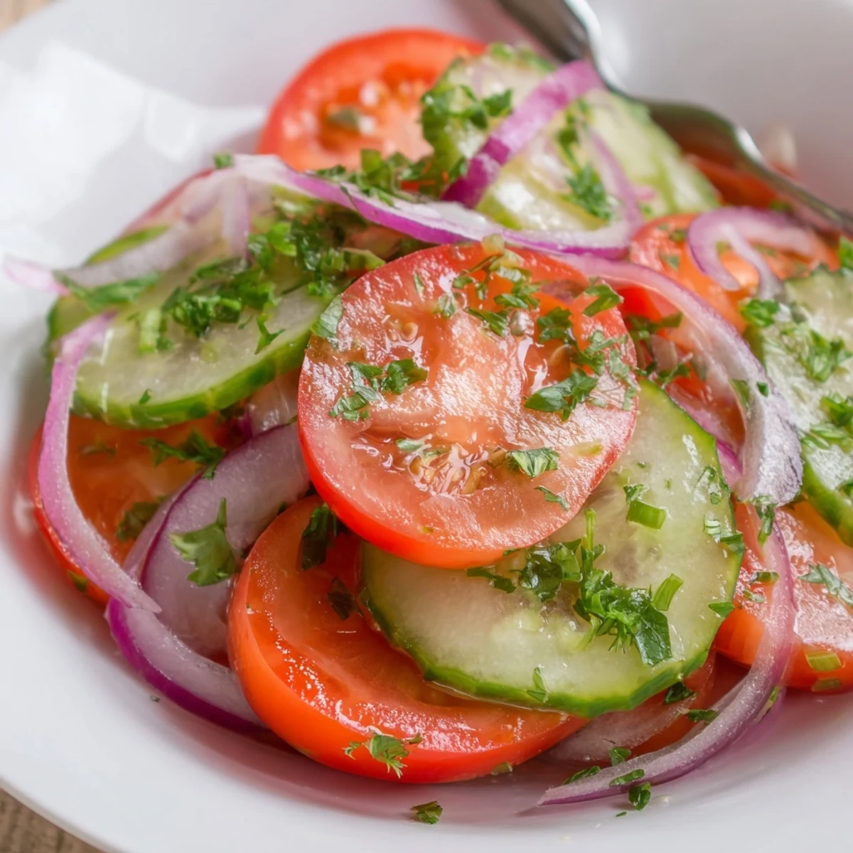 Chilled Cucumber Tomato Salad ideal for summer side dish, garnished with fresh parsley