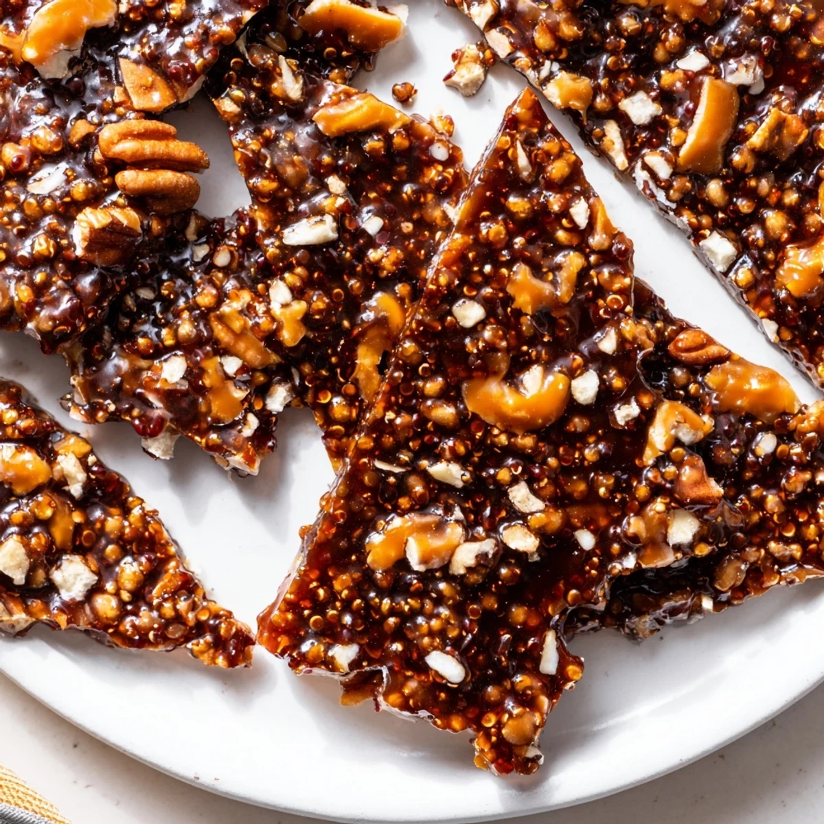 Sea Salted Quinoa Pecan Brittle cracks glossy, golden shards with toasted pecans.