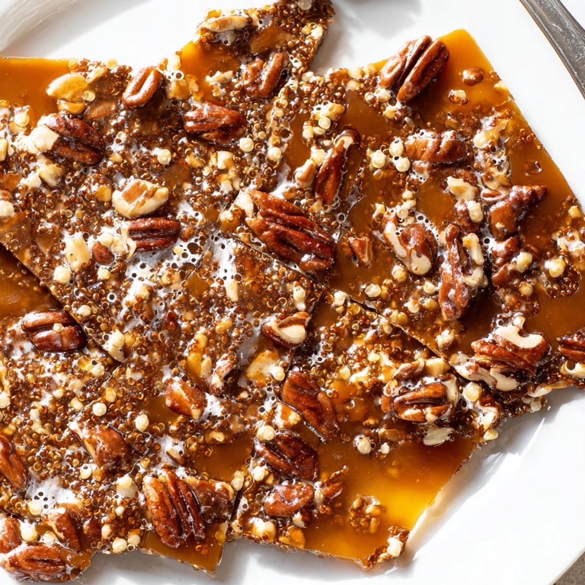 A piece of Sea Salted Quinoa Pecan Brittle with puffed quinoa crunch.