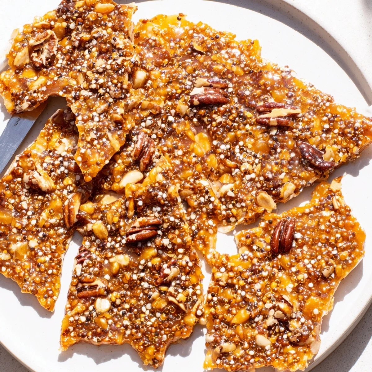 Homemade Sea Salted Quinoa Pecan Brittle cooling on parchment, buttery caramel sheen.