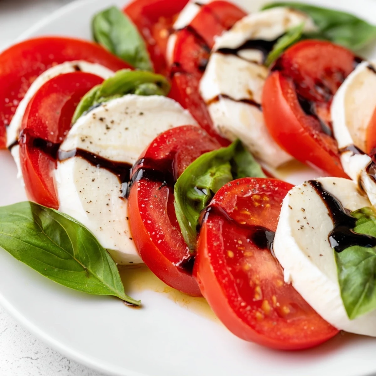 Classic Caprese Salad with ripe tomatoes, creamy mozzarella, fresh basil, olive oil