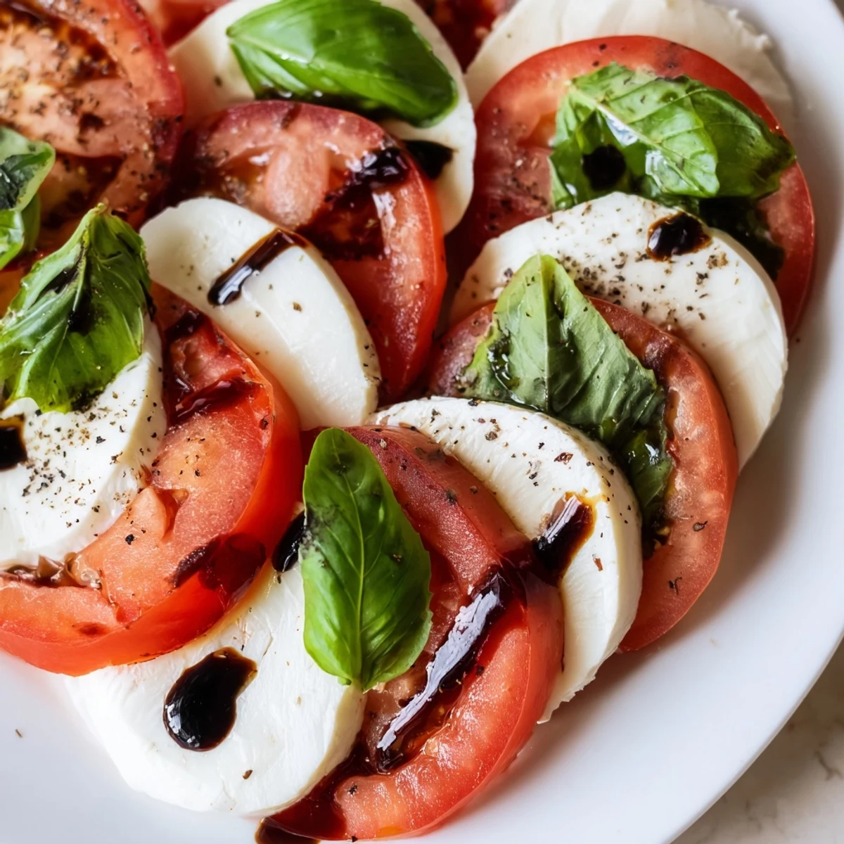 Sliced Classic Caprese Salad on platter, fragrant basil, balsamic glaze drizzle