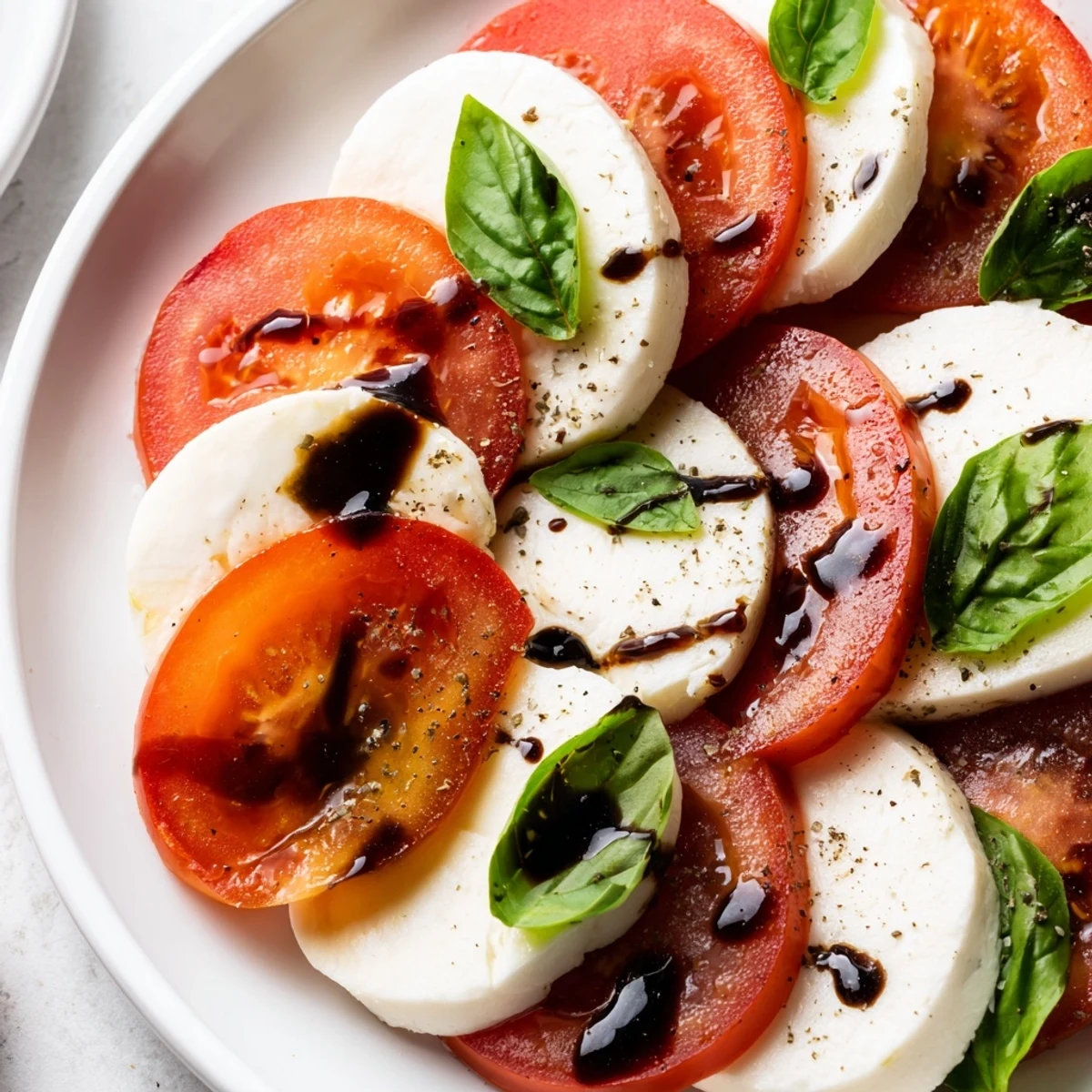 Bright Classic Caprese Salad served at room temperature, sprinkled flaky sea salt