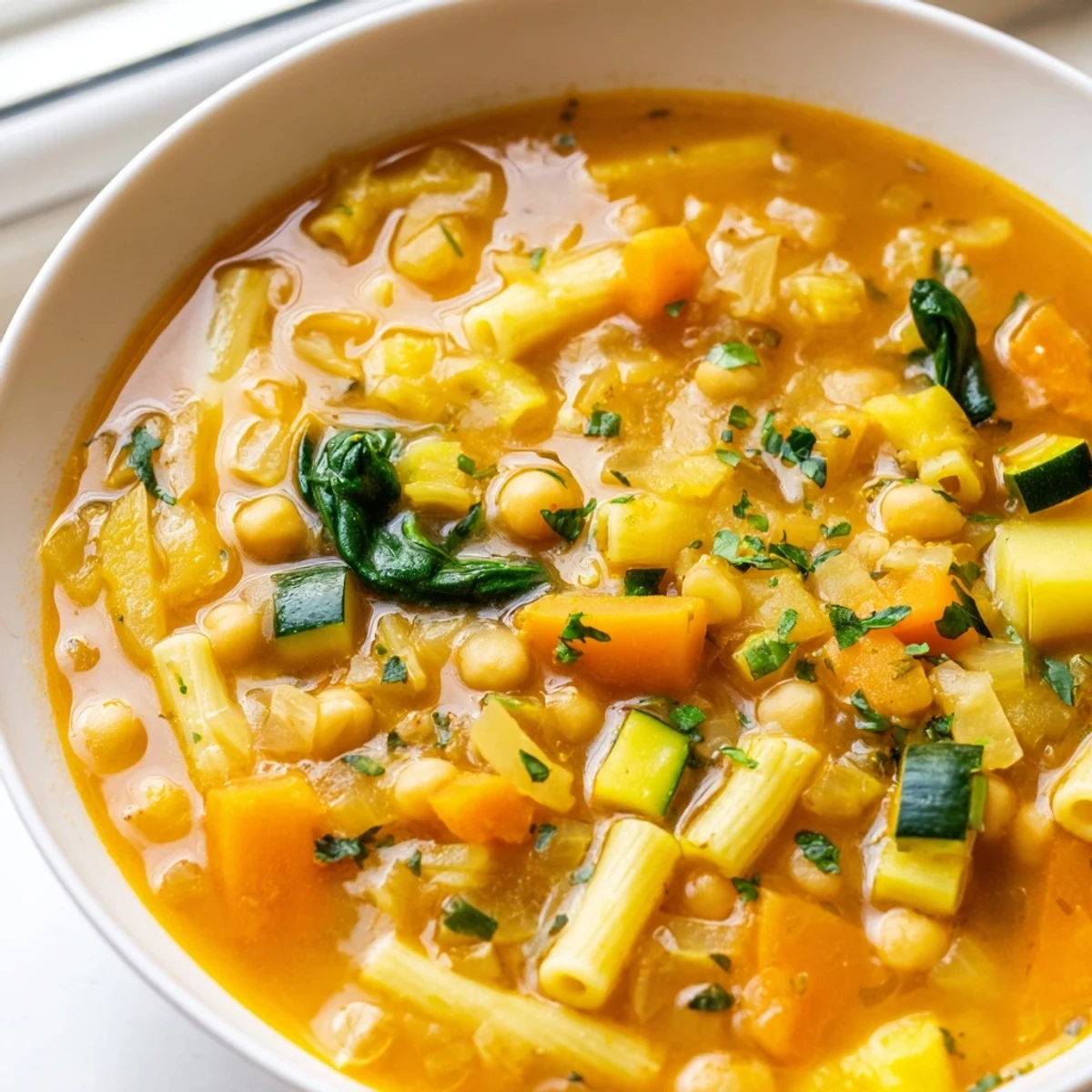 Steaming bowl of Vegan Italian Penicillin Soup topped with fresh basil and crusty bread