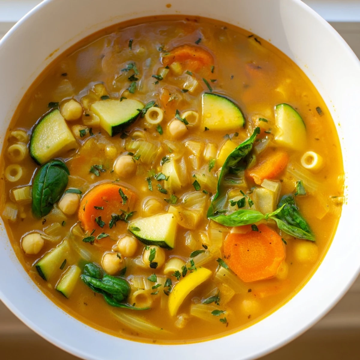 Golden broth of Vegan Italian Penicillin Soup brimming with tender vegetables and chickpeas