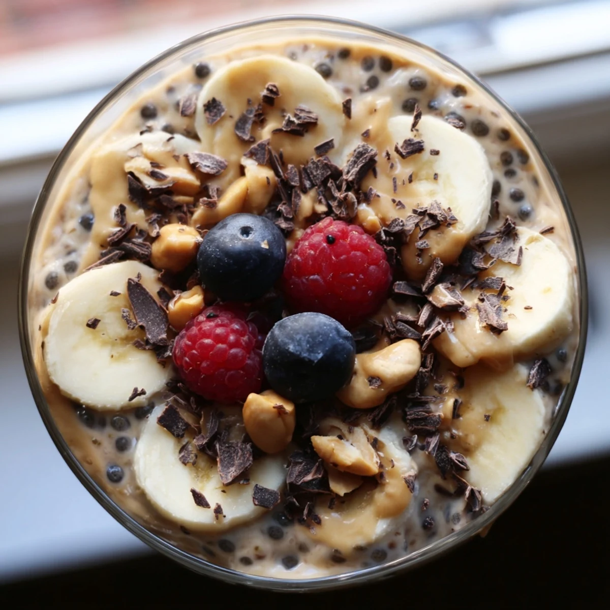 Thick peanut butter chia pudding served in mason jars with banana slices