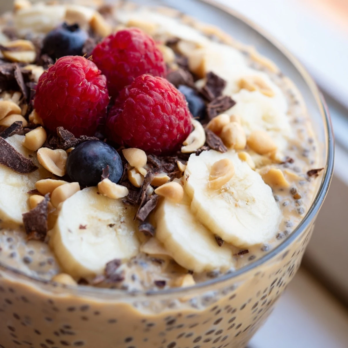 Creamy peanut butter chia pudding topped with fresh berries and chopped peanuts