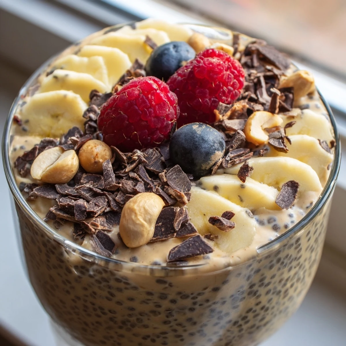 Velvety peanut butter chia pudding layered with dark chocolate shavings and fruit