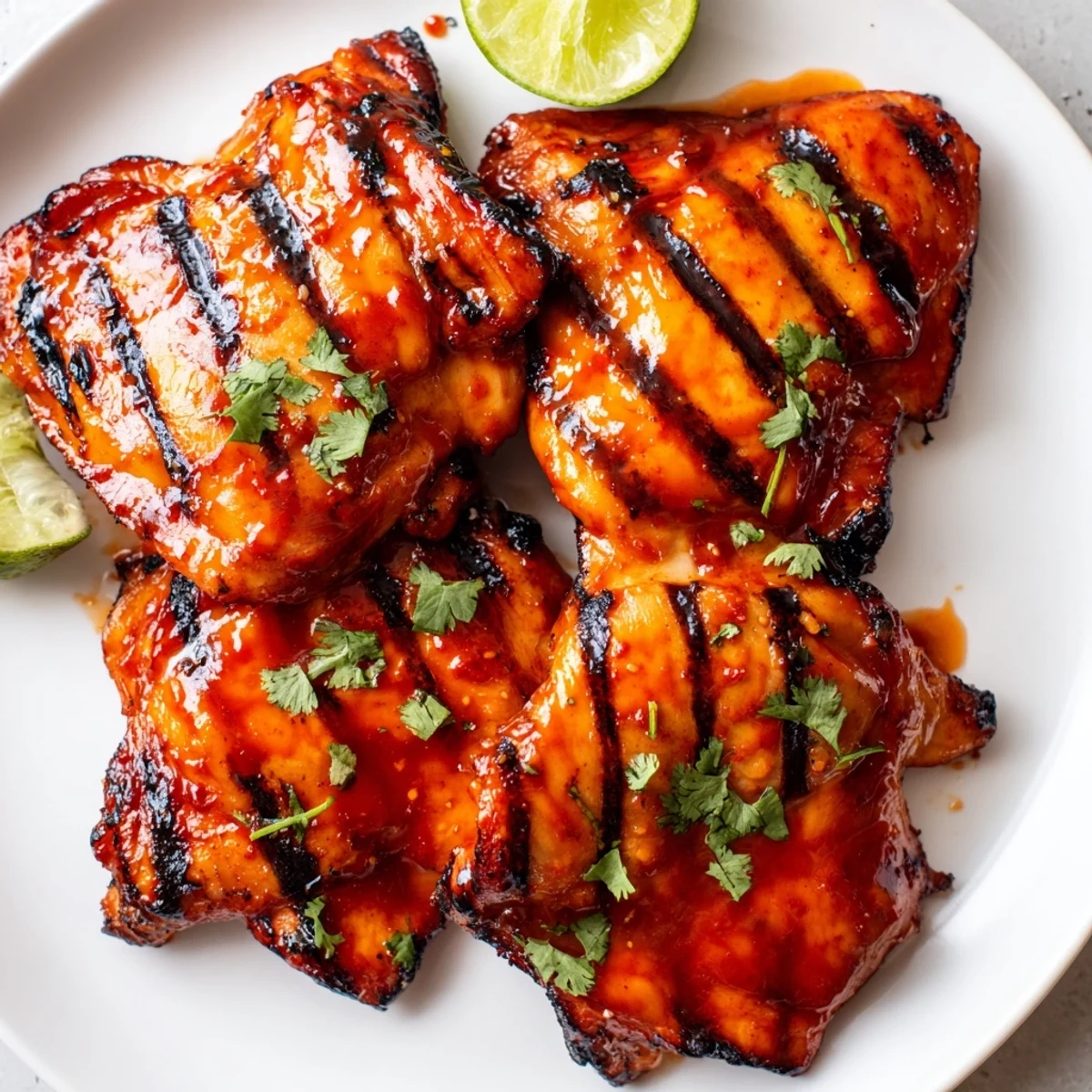 Sweet n spicy grilled chicken thighs with caramelized glaze fresh off the barbecue