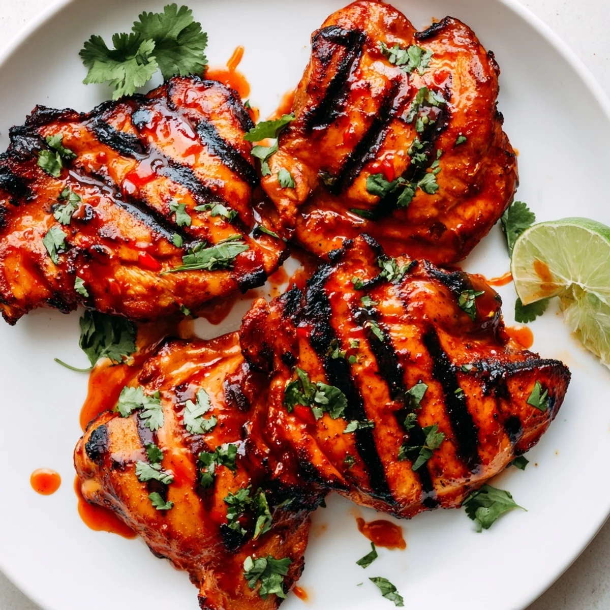 Charred sweet n spicy grilled chicken thighs plated alongside grilled vegetables for serving