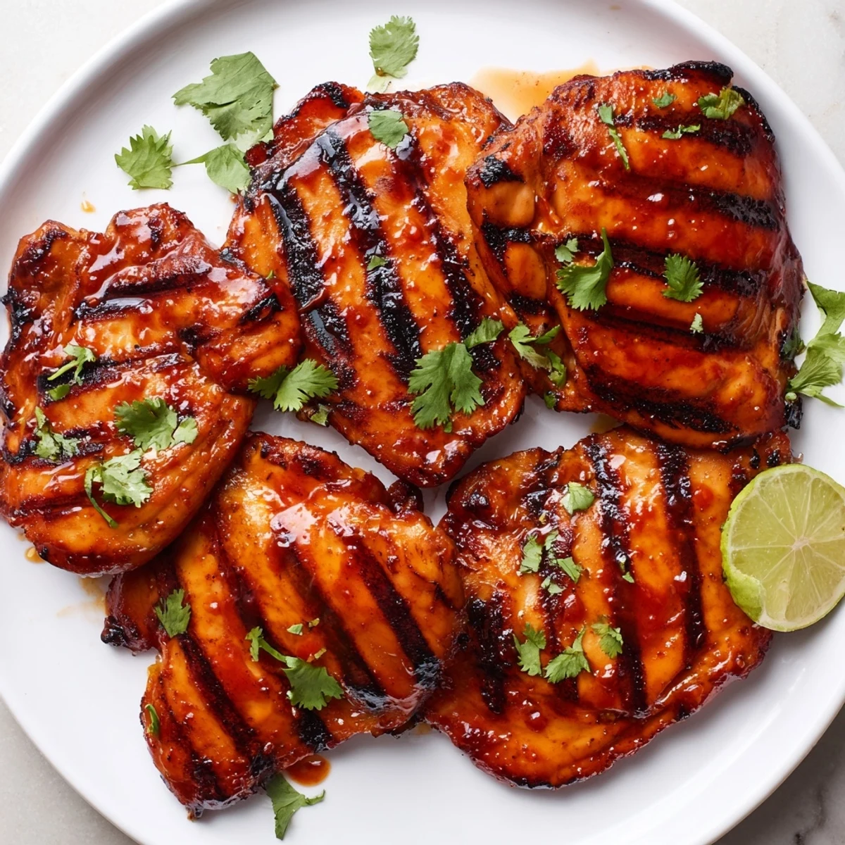 Juicy sweet n spicy grilled chicken thighs garnished with cilantro and lime wedges