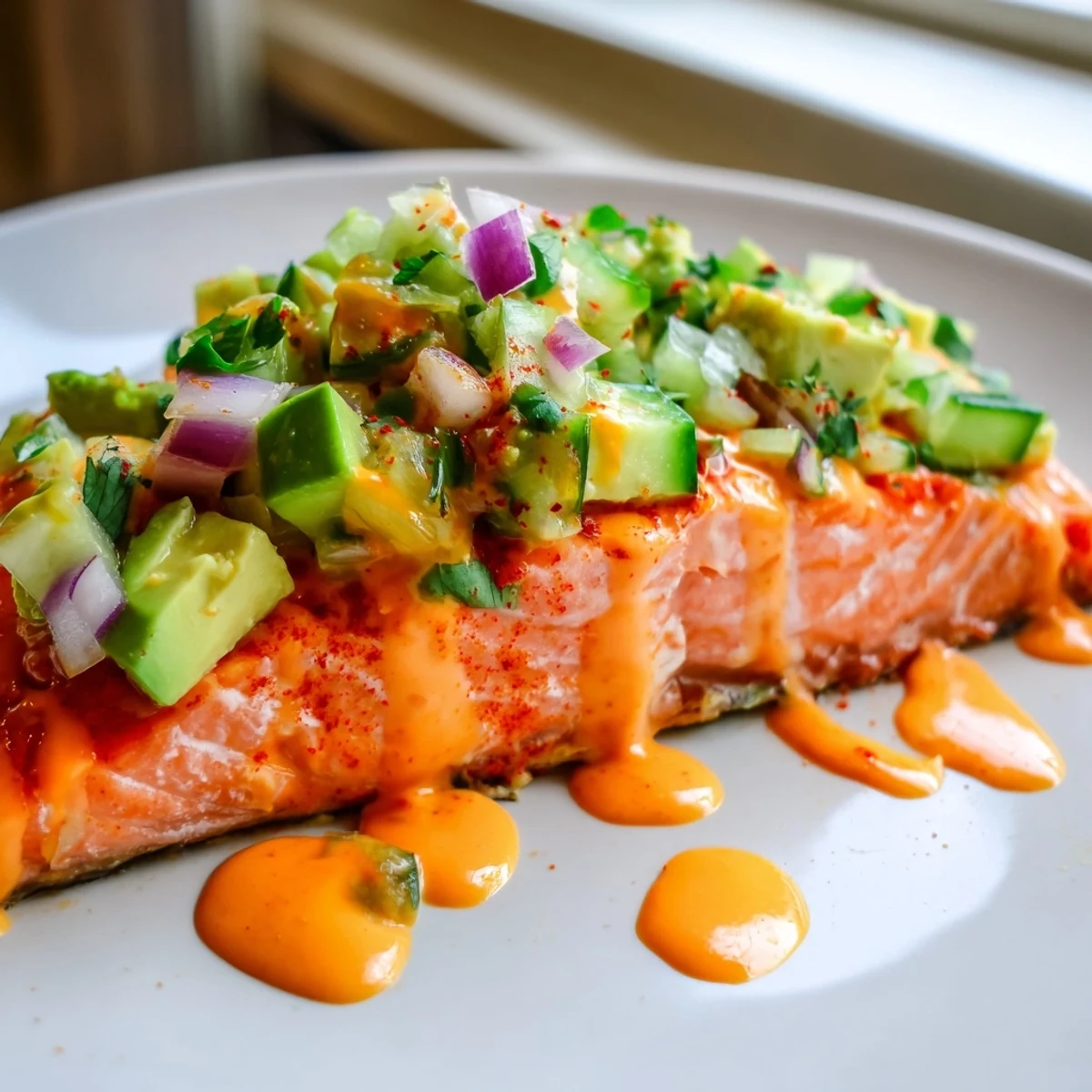 Crispy edged Bang Bang Salmon topped with creamy spicy sauce and cool green avocado cucumber salsa