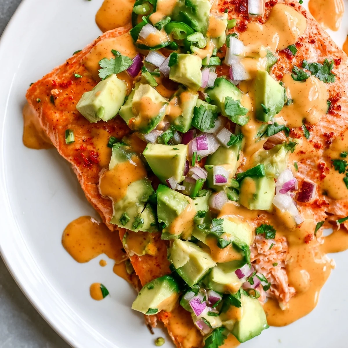 Juicy glazed Bang Bang Salmon served over rice with vibrant avocado cucumber salsa and lime wedges